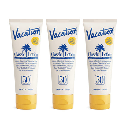 VACATION front packaging showing three travel-size SPF 50 bottles and portability benefit