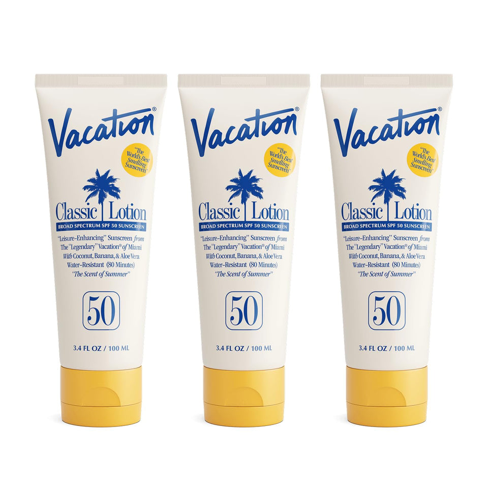 VACATION front packaging showing three travel-size SPF 50 bottles and portability benefit