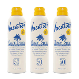 VACATION front packaging showing SPF 50 and pack benefits, clear protection