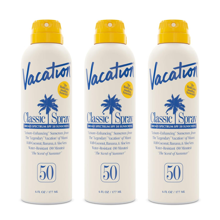 VACATION front packaging showing SPF 50 and pack benefits, clear protection