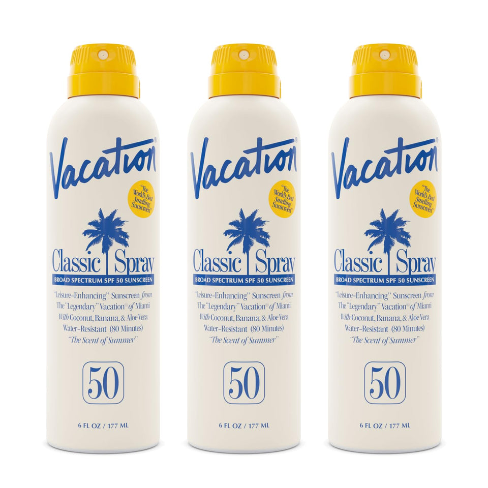 VACATION front packaging showing SPF 50 and pack benefits, clear protection