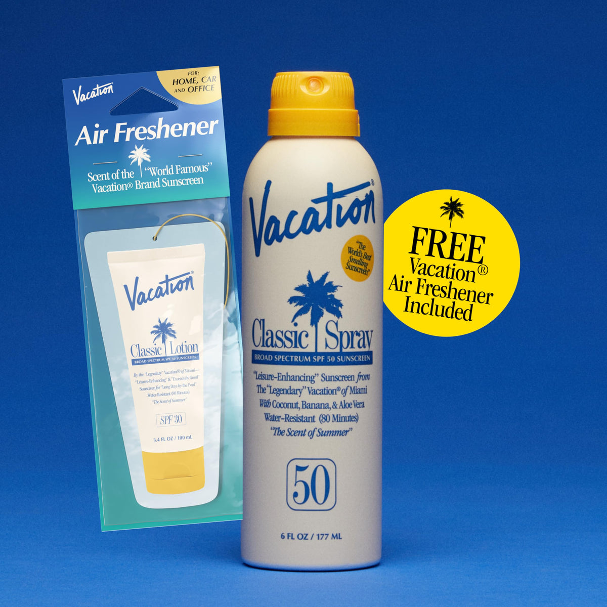 VACATION label detail showing reef-safe, vegan, dermatologist-tested benefits