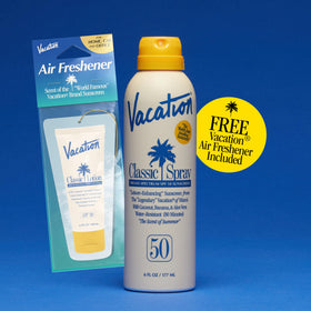 VACATION label detail showing reef-safe, vegan, dermatologist-tested benefits