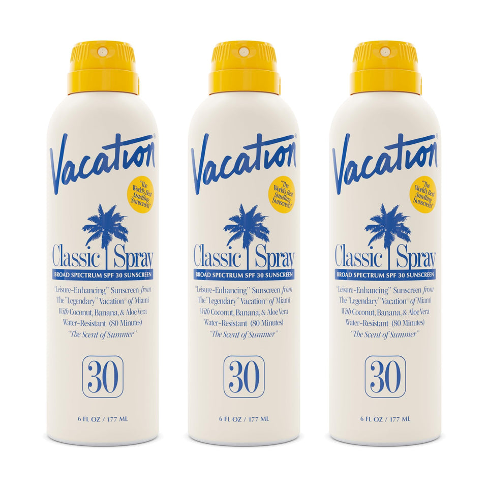 VACATION front packaging showing SPF 30 and travel pack benefits