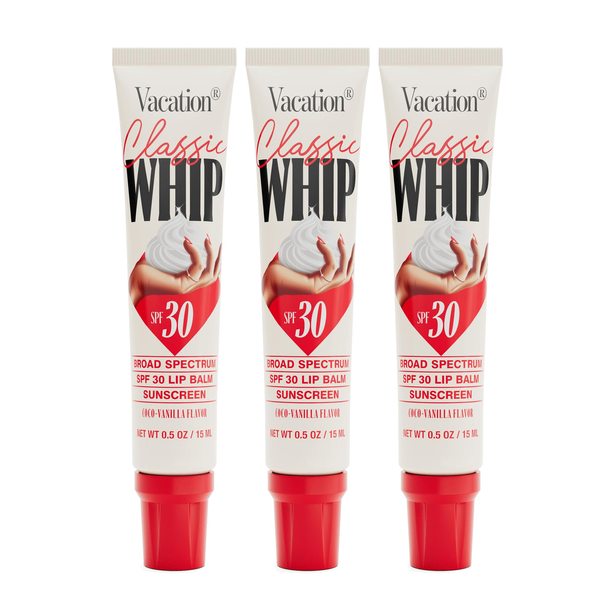 VACATION front packaging showing three coconut-vanilla lip balms and SPF benefit