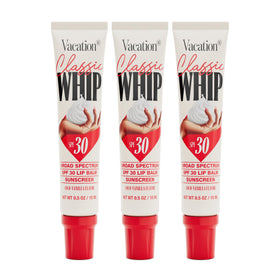 VACATION front packaging showing three coconut-vanilla lip balms and SPF benefit