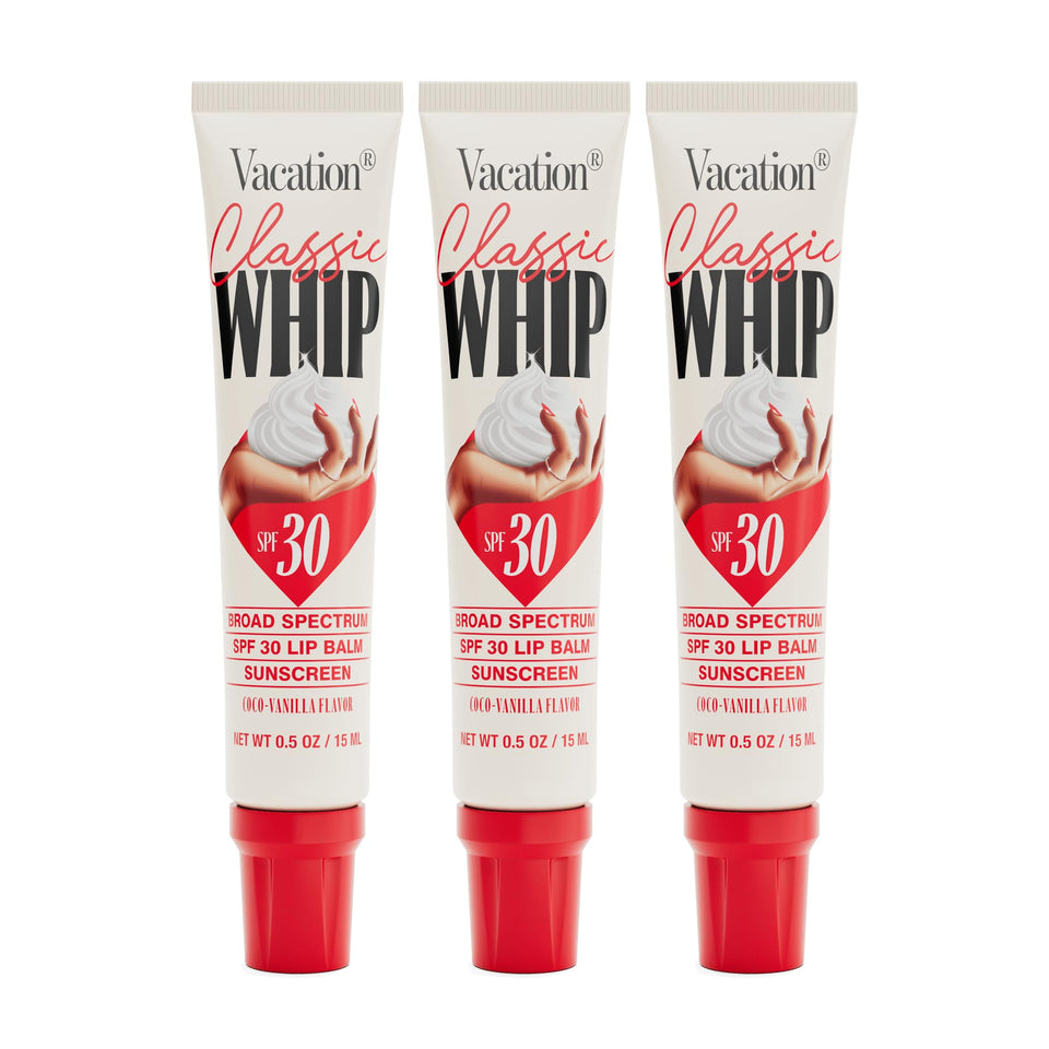VACATION front packaging showing three coconut-vanilla lip balms and SPF benefit