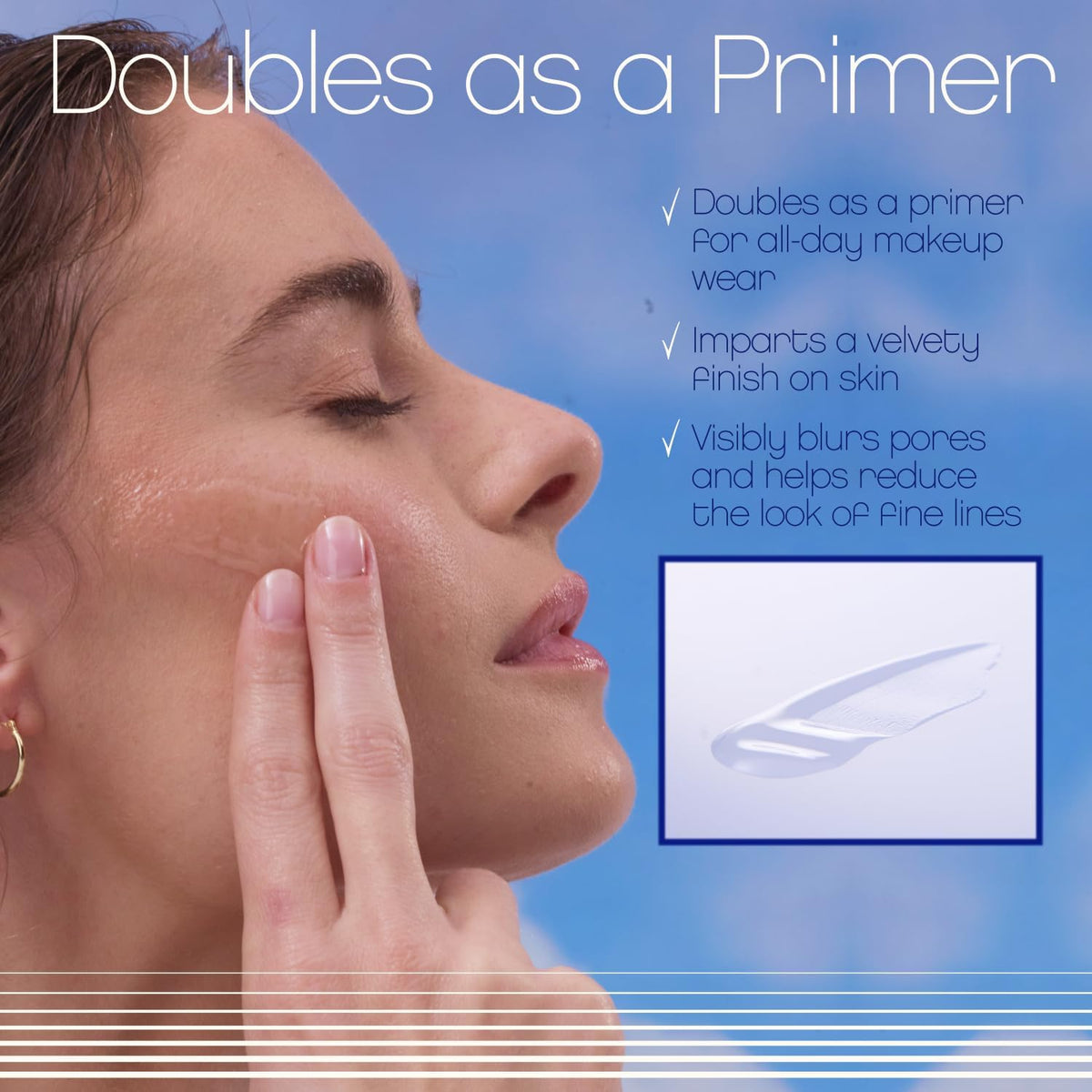 VACATION model applying gel to face showing invisible finish and smooth primer benefit