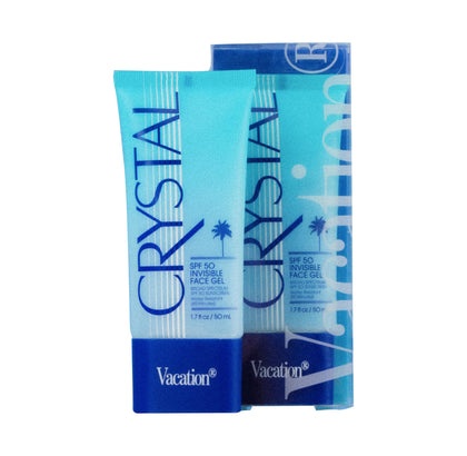VACATION front packaging of crystal SPF 50 gel showing compact travel size and protection