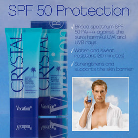 VACATION label close-up showing SPF 50 PA++++ and ingredient clarity benefit