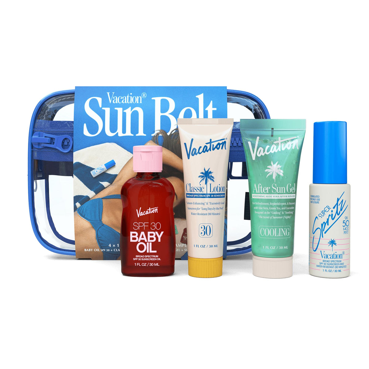 VACATION front packaging of sampler kit shows sunscreen assortment and clear fanny pack benefit