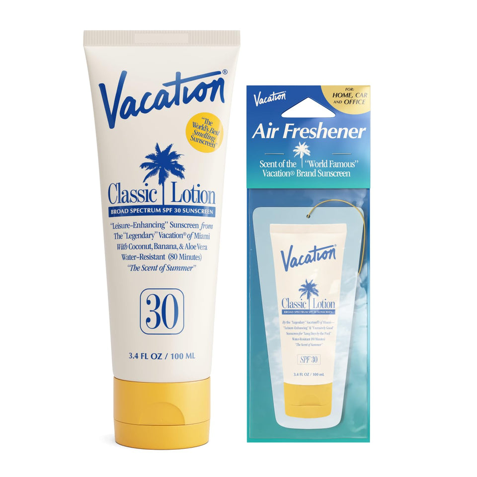 VACATION front packaging showing sunscreen and air freshener for easy identification and portability