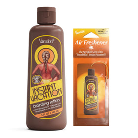 VACATION front packaging showing bronzing lotion and air freshener for travel convenience