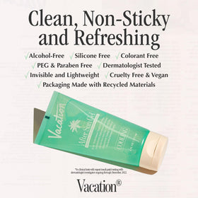 VACATION applying gel to arm, demonstrates quick absorption benefit