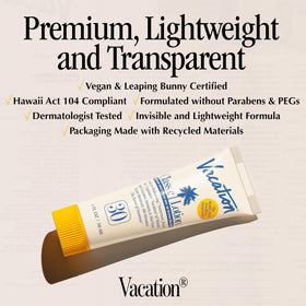 VACATION mini sunscreen in hand illustrating pocketable travel benefit