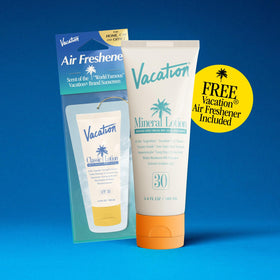 VACATION sunscreen applied at beach showing buildable coverage and water-resistant benefit