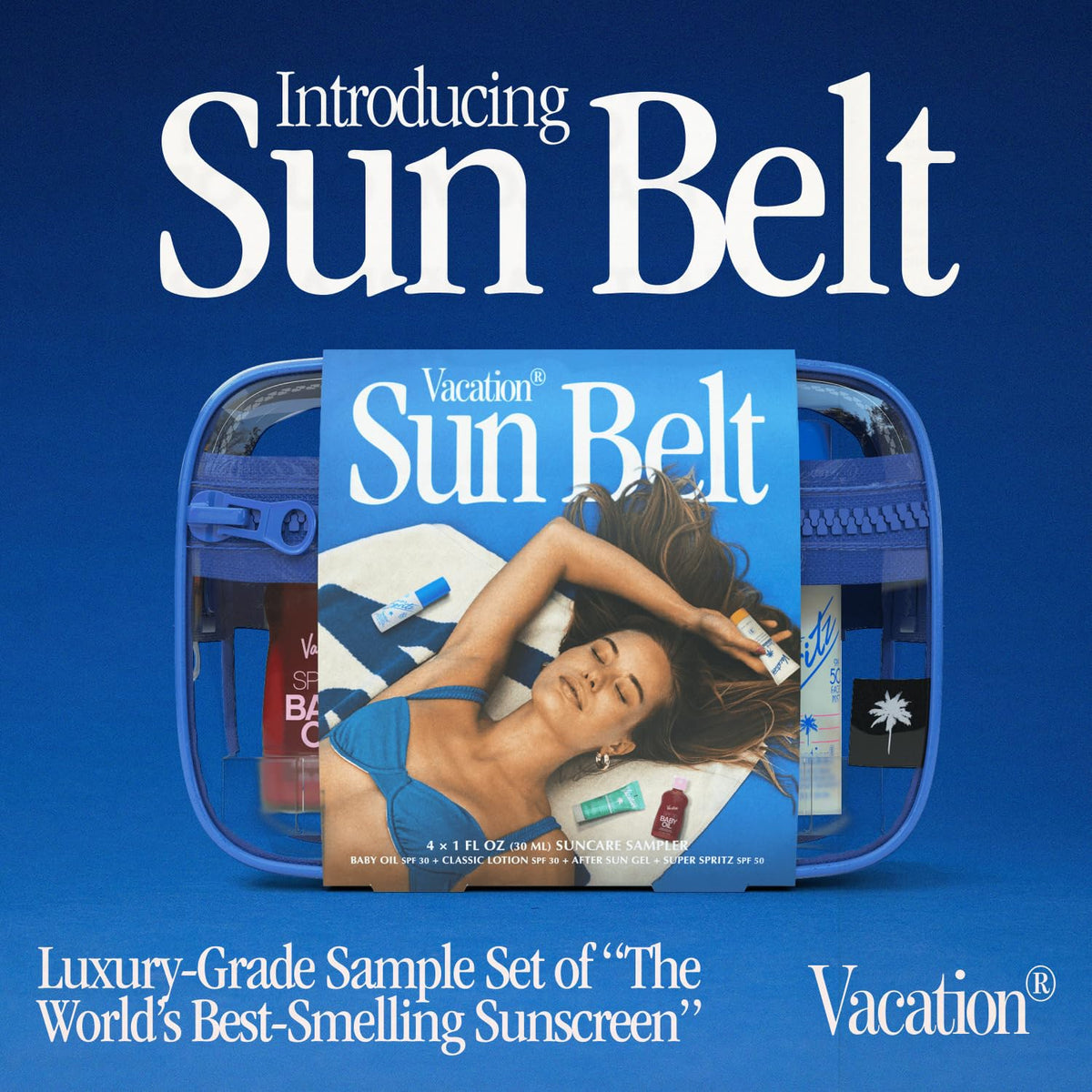 VACATION lotion texture close-up highlights quick-absorb formula and non-greasy feel benefit