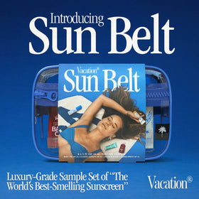 VACATION lotion texture close-up highlights quick-absorb formula and non-greasy feel benefit