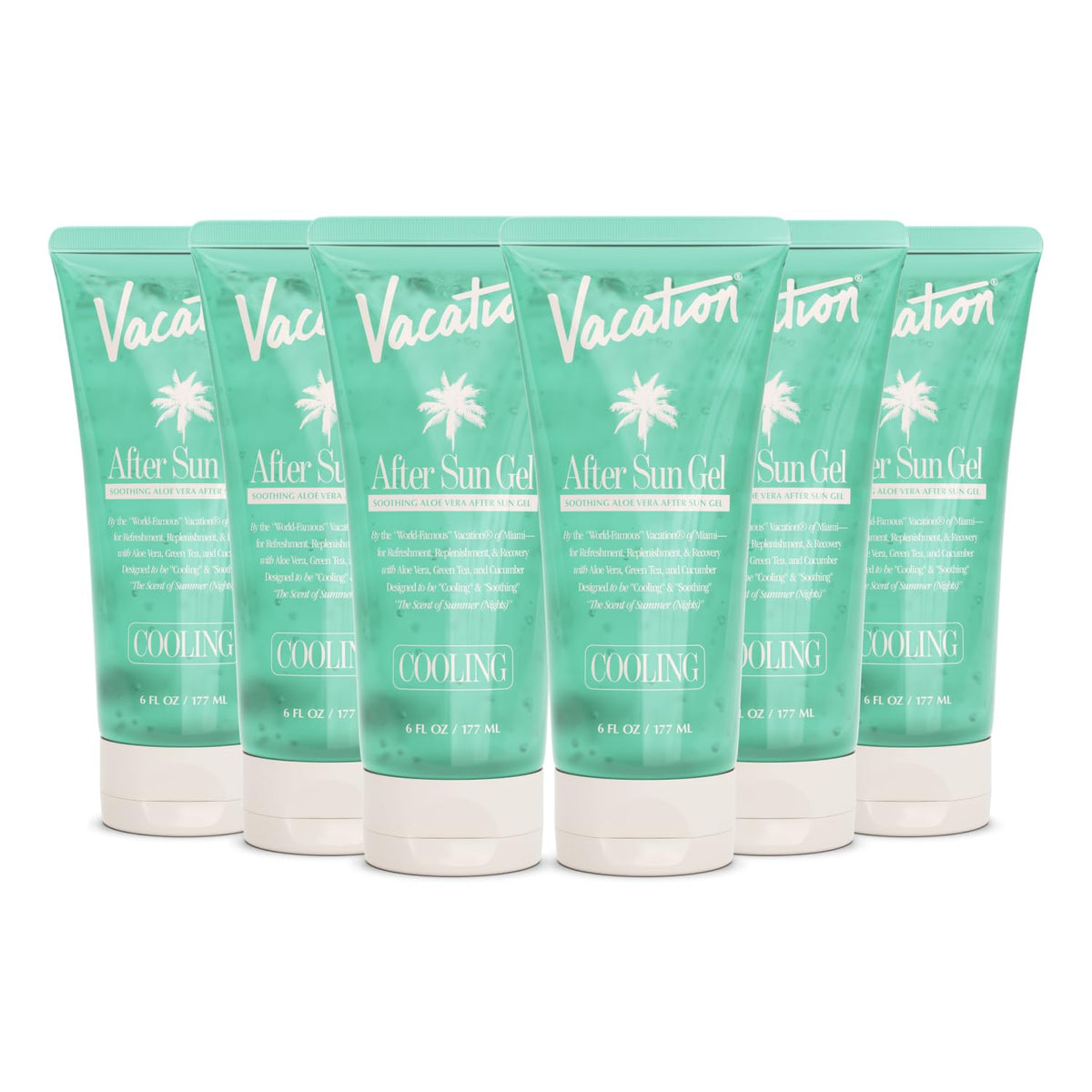VACATION front packaging showing six travel-size tubes and clear labeling for easy packing