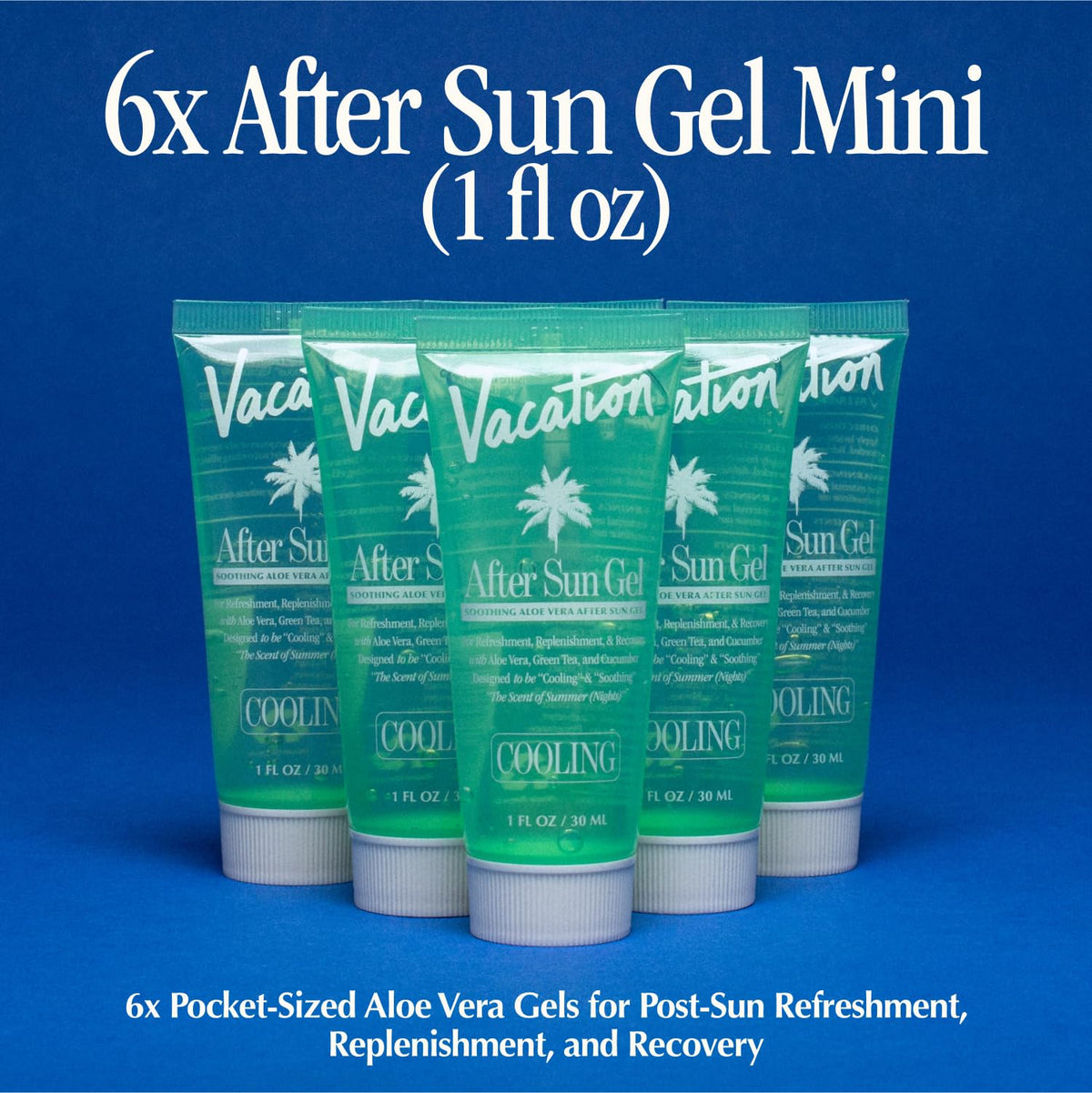VACATION open tube dispensing clear gel demonstrating travel-friendly single-use amount