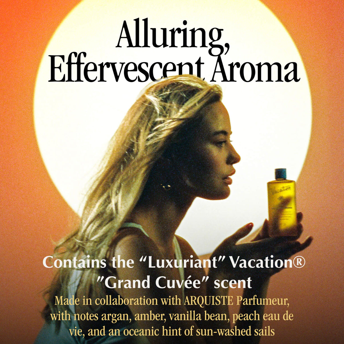 VACATION bottle cap and label detail highlighting ingredients and SPF 30 benefit clear protection
