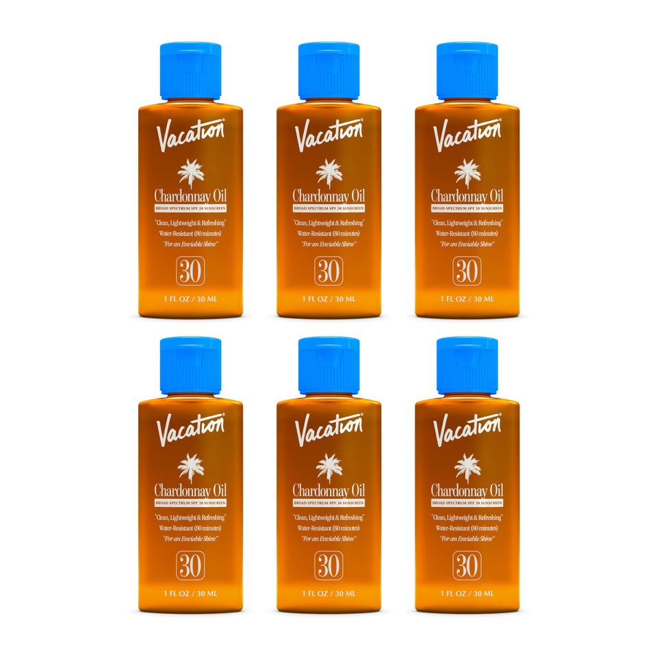 VACATION front packaging showing six travel-size bottles and elegant branding benefit portability