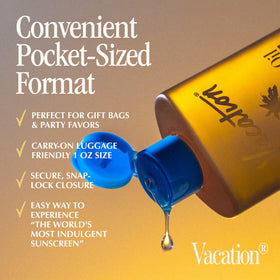VACATION bottle in hand for scale showing 1 fl oz size benefit travel-friendly