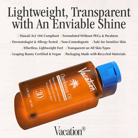 VACATION bottle on beach towel demonstrating outdoor use and water-resistant benefit convenience