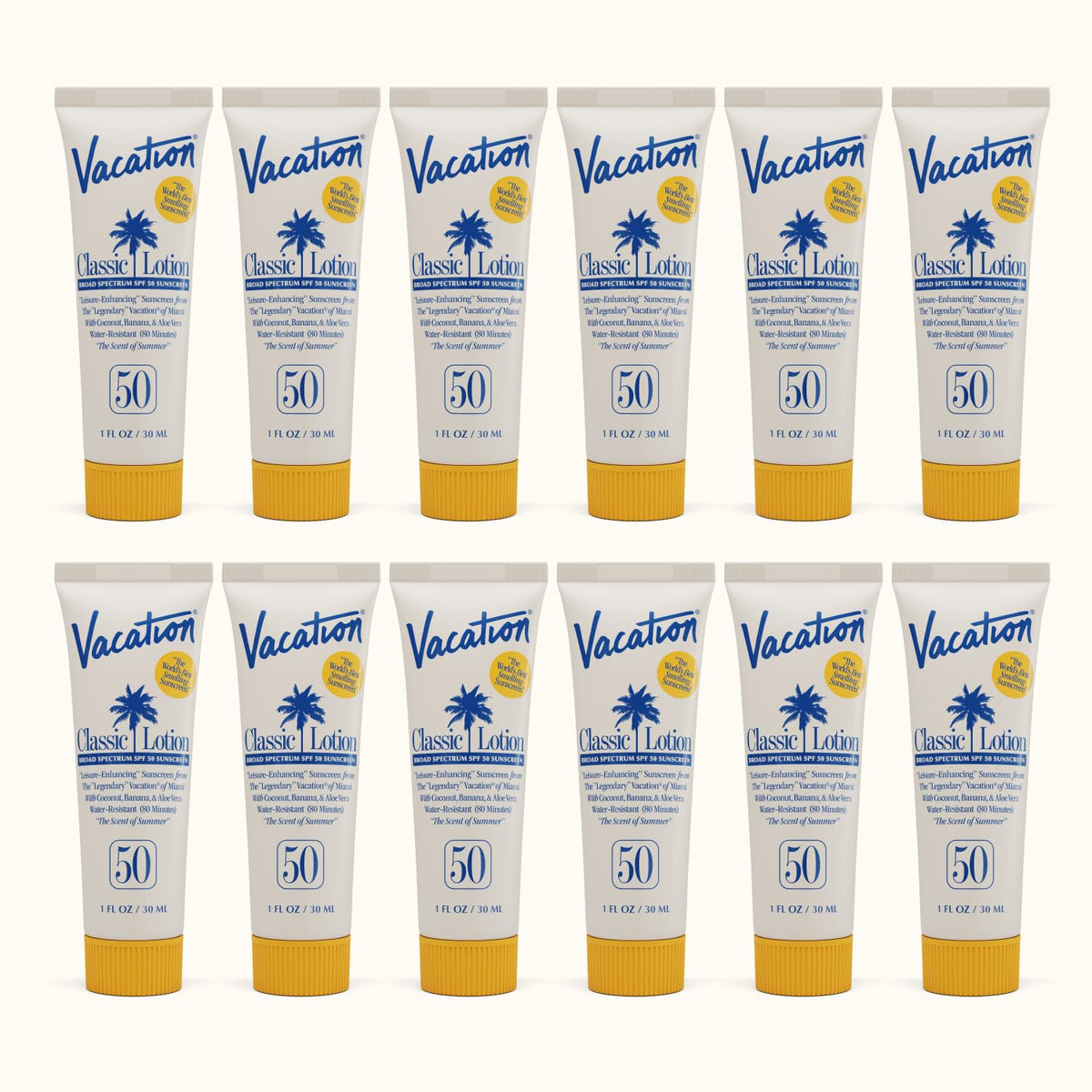 VACATION front packaging showing twelve 1oz tubes and travel convenience