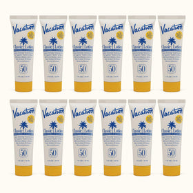 VACATION front packaging showing twelve 1oz tubes and travel convenience