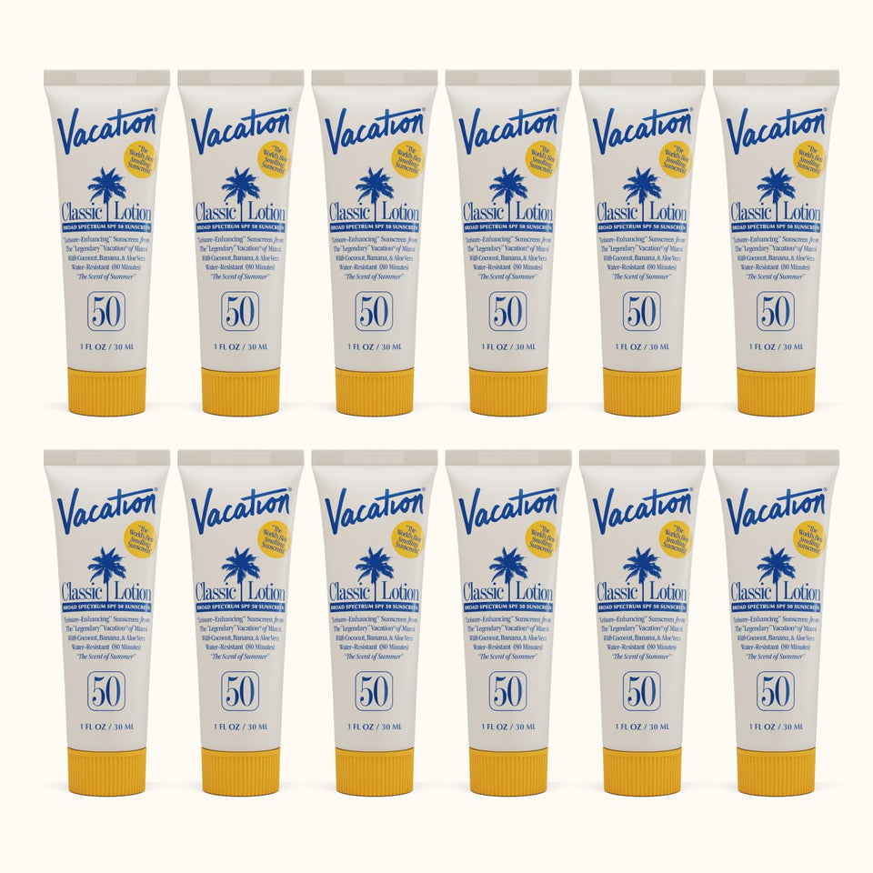 VACATION front packaging showing twelve 1oz tubes and travel convenience