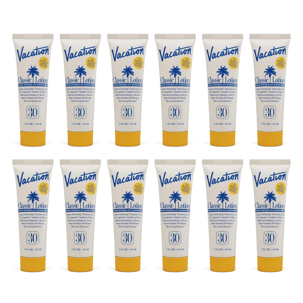 VACATION front packaging showing pack of 12 minis and SPF 30 protection