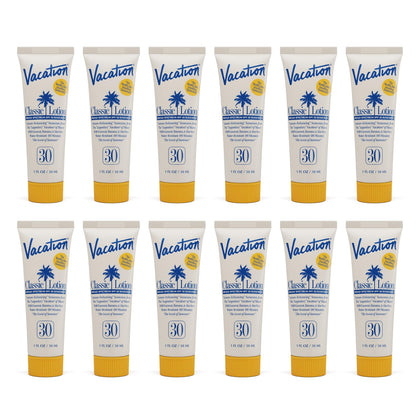 VACATION front packaging showing pack of 12 minis and SPF 30 protection