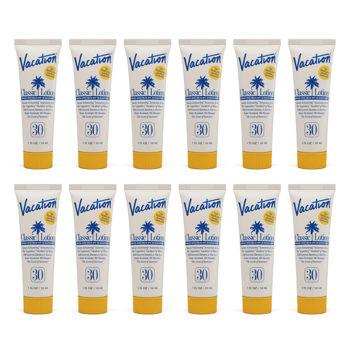 VACATION front packaging showing pack of 12 minis and SPF 30 protection
