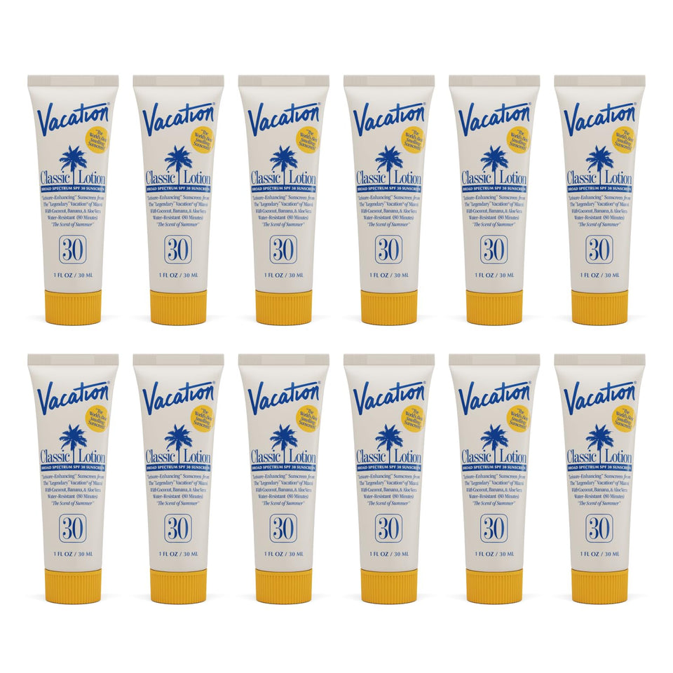 VACATION front packaging showing pack of 12 minis and SPF 30 protection