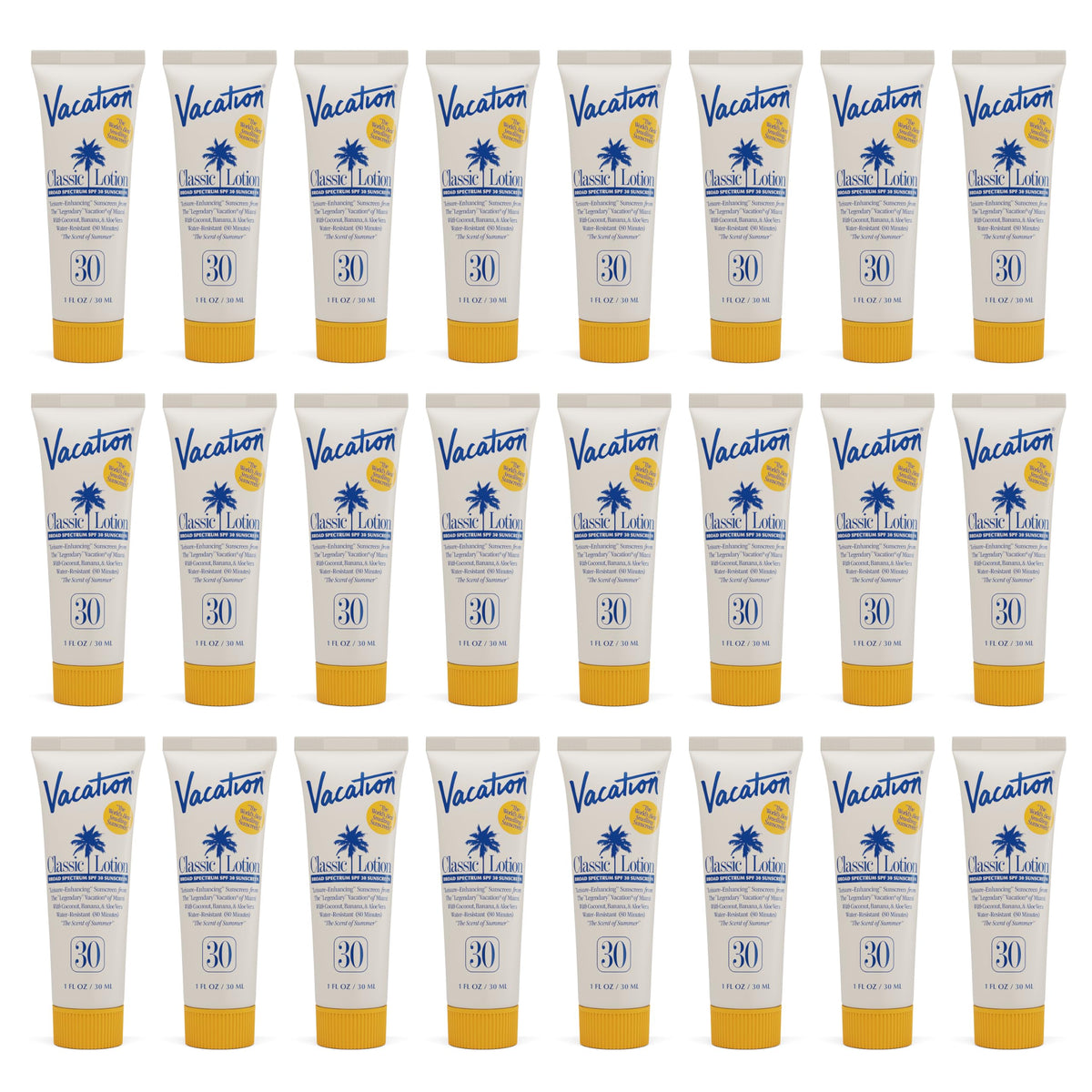 VACATION front view of 1oz mini tube showing packaging and SPF benefit