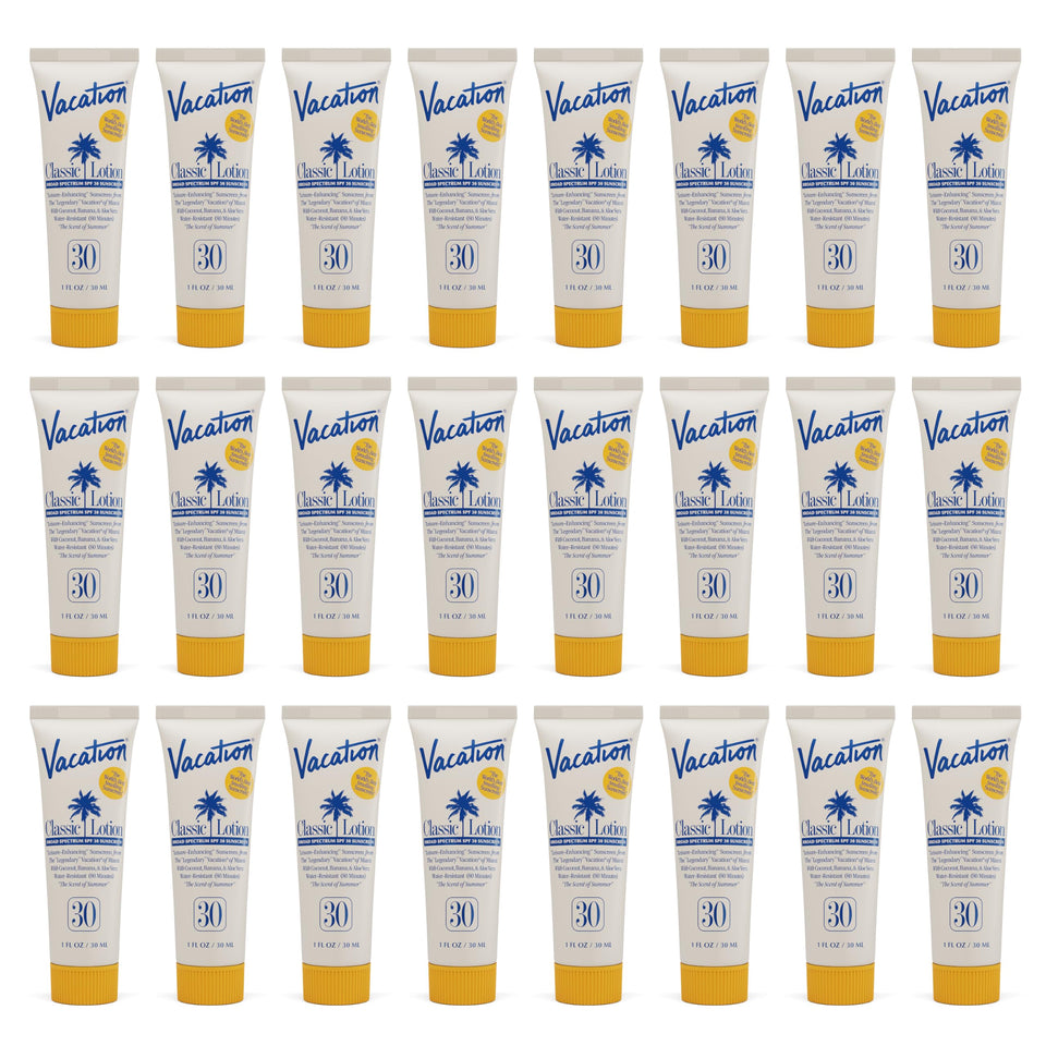 VACATION front view of 1oz mini tube showing packaging and SPF benefit