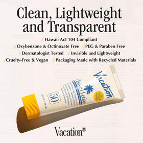 VACATION tube in hand demonstrating compact travel-size and portability