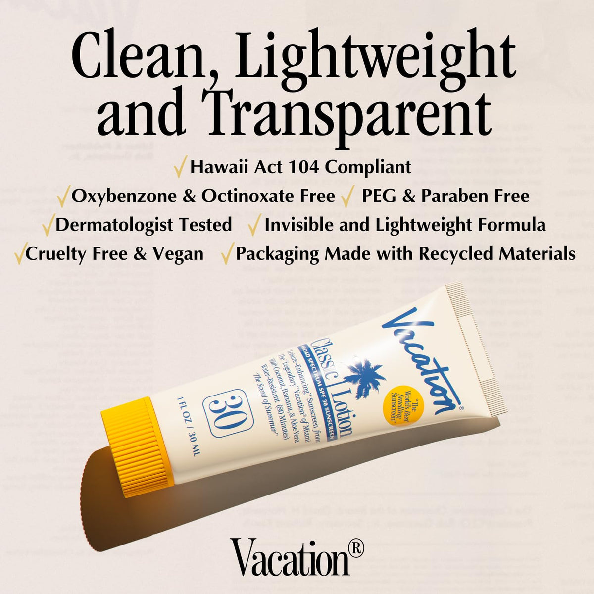 VACATION ingredient label close-up highlighting reef-compliant actives