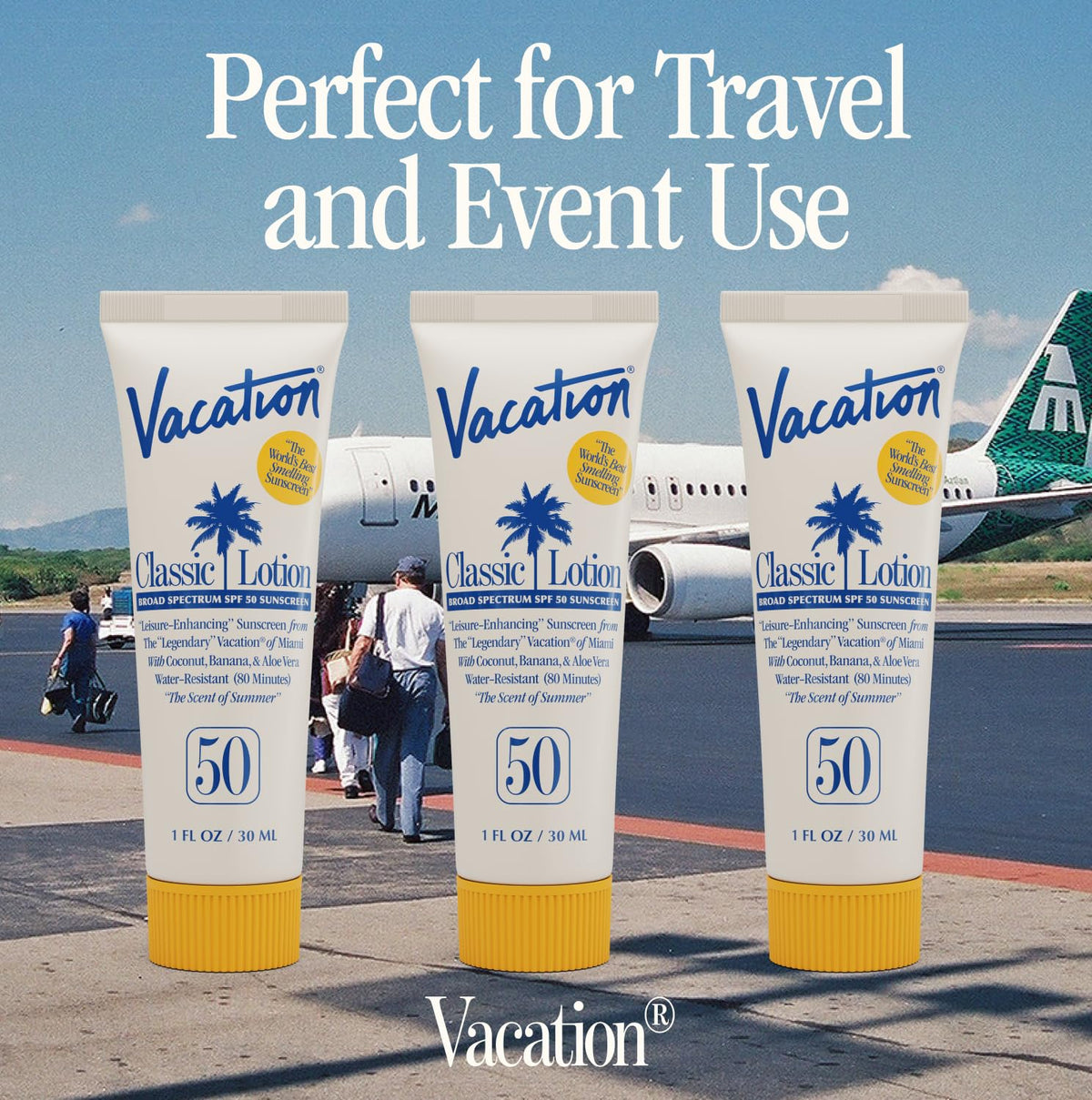VACATION label close-up highlighting SPF 50, ingredients, and compliance