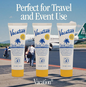 VACATION label close-up highlighting SPF 50, ingredients, and compliance