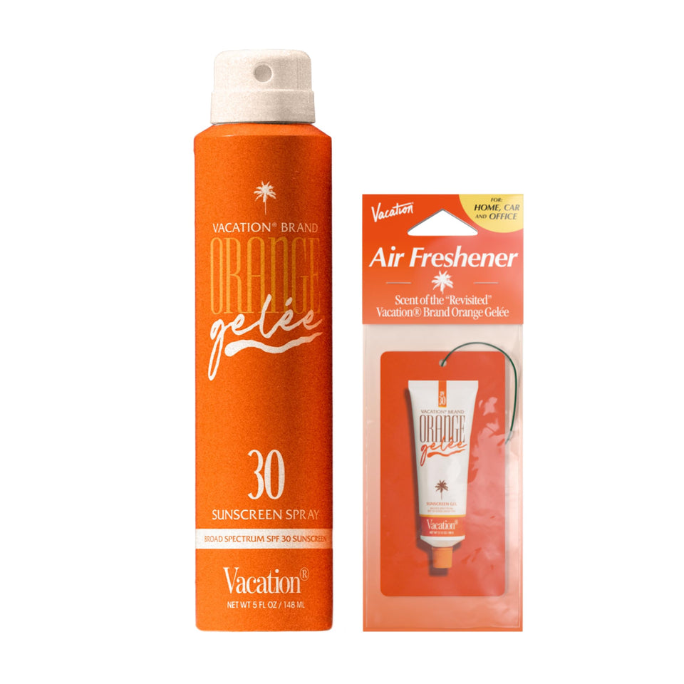 VACATION front bottle showing Orange Gelée spray and SPF 30 protection appeal