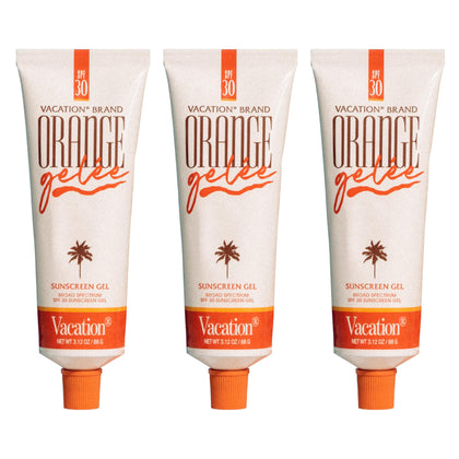 VACATION front packaging showing three tubes and orange branding, convenient travel sizing