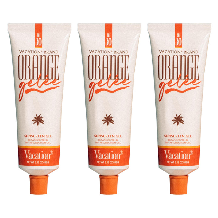 VACATION front packaging showing three tubes and orange branding, convenient travel sizing