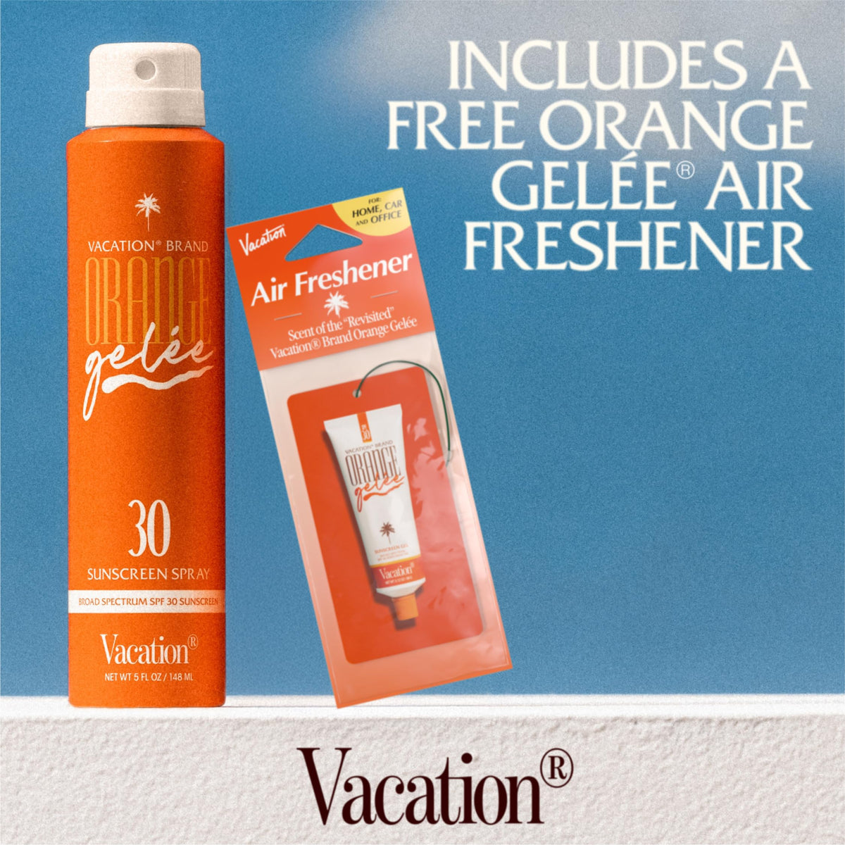 VACATION flatlay with spray and air freshener showing complete gift-ready bundle