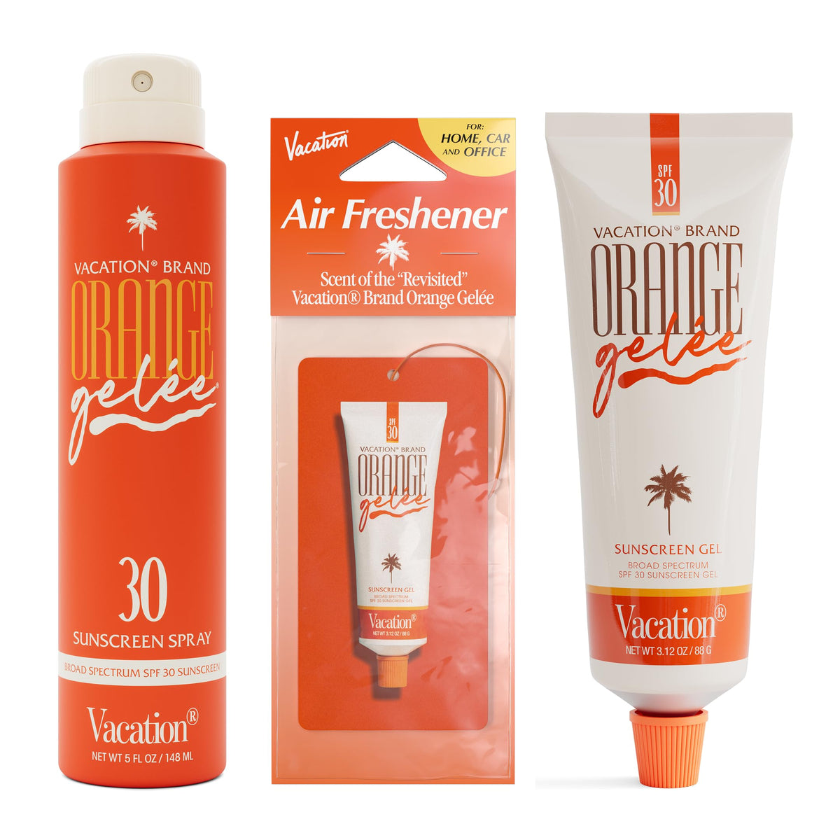VACATION gel tube front view showing orange-tinted SPF and glossy finish benefit