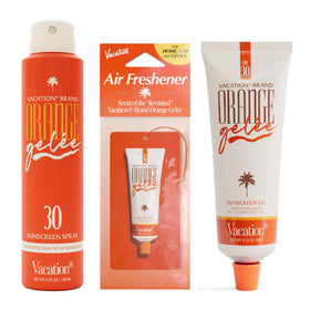 VACATION gel tube front view showing orange-tinted SPF and glossy finish benefit