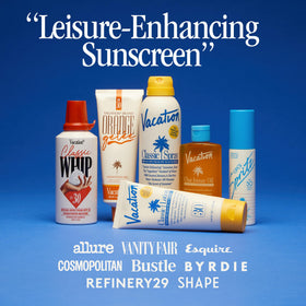 VACATION products on a beach chair showing lifestyle fragrance and sun-ready benefit