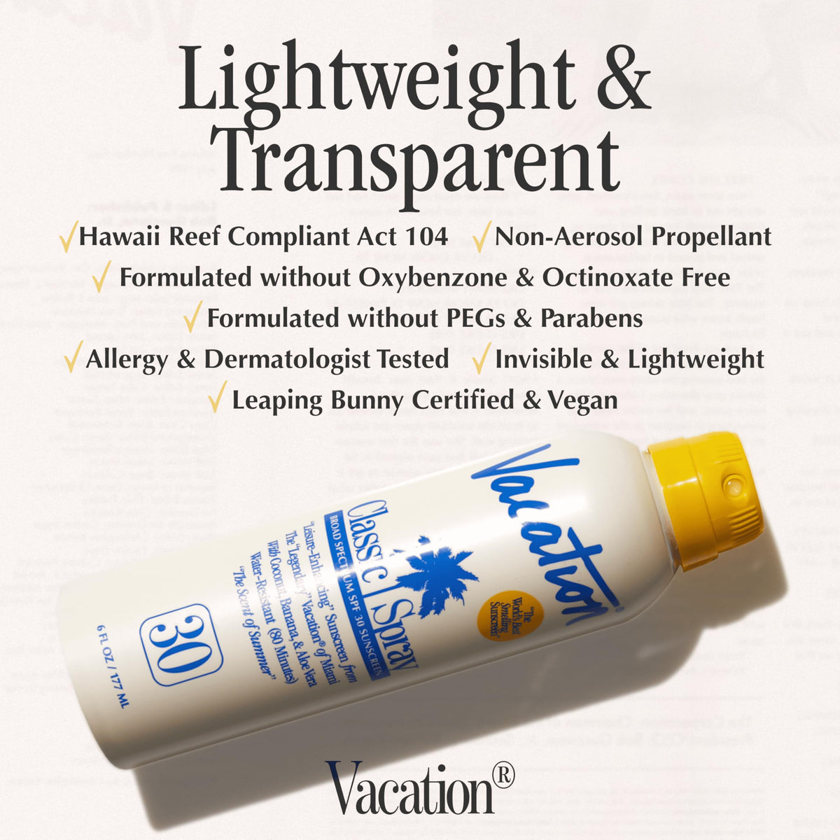 VACATION product label close-up listing key skin-safe ingredients