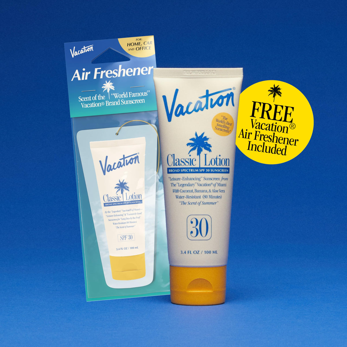 VACATION product next to passport and sunglasses showing travel-size convenience benefit